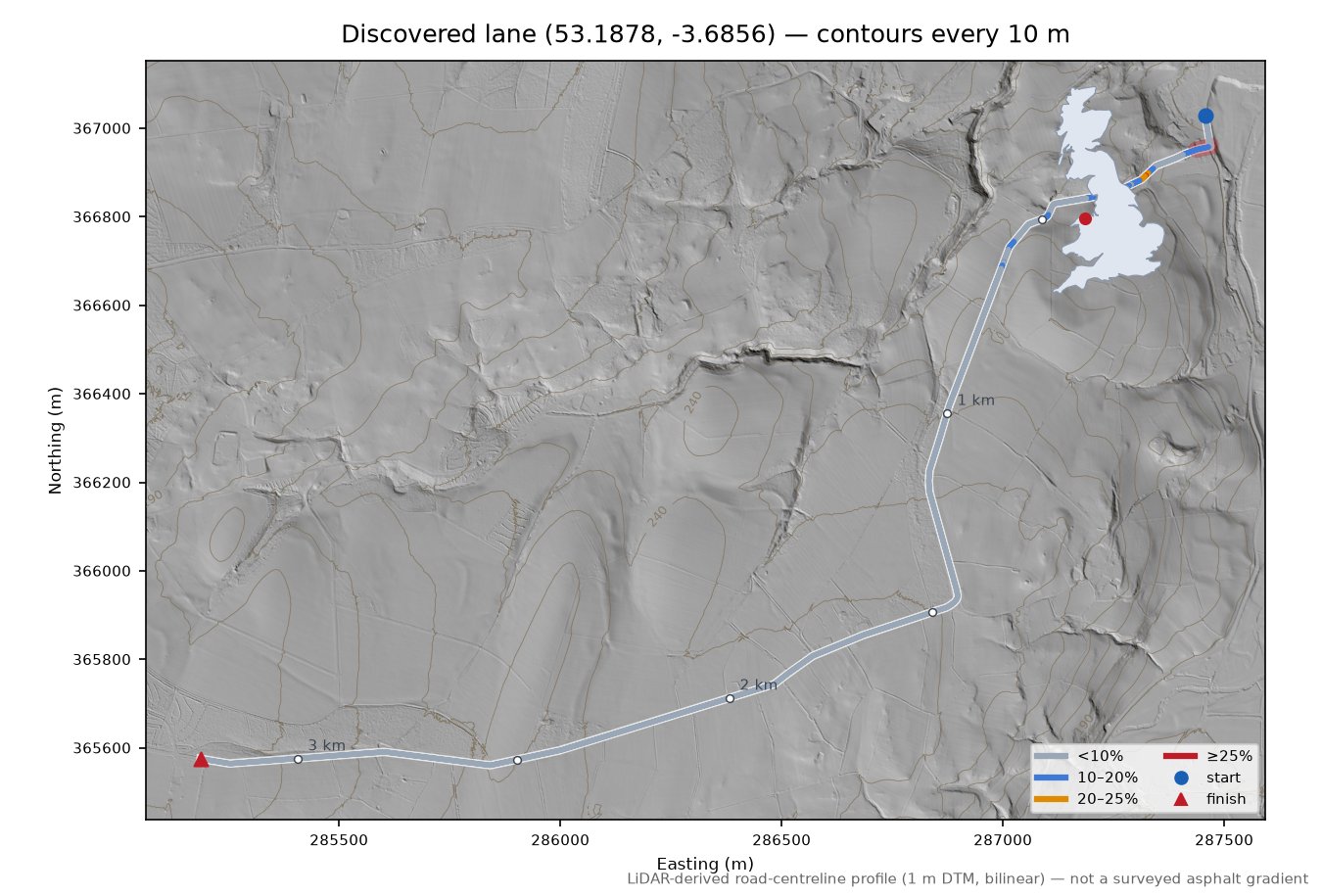 Discovered lane (53.1878, -3.6856) LiDAR hillshade map with contours