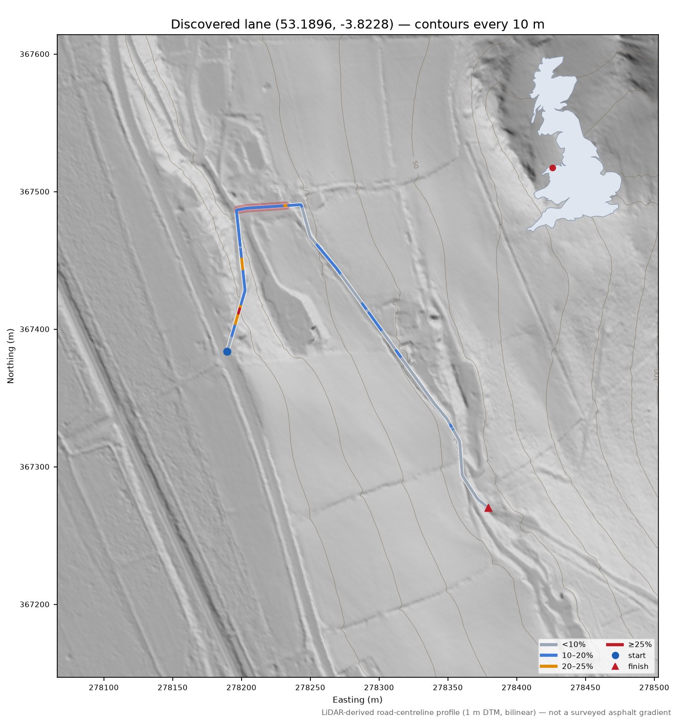 Discovered lane (53.1896, -3.8228) LiDAR hillshade map with contours