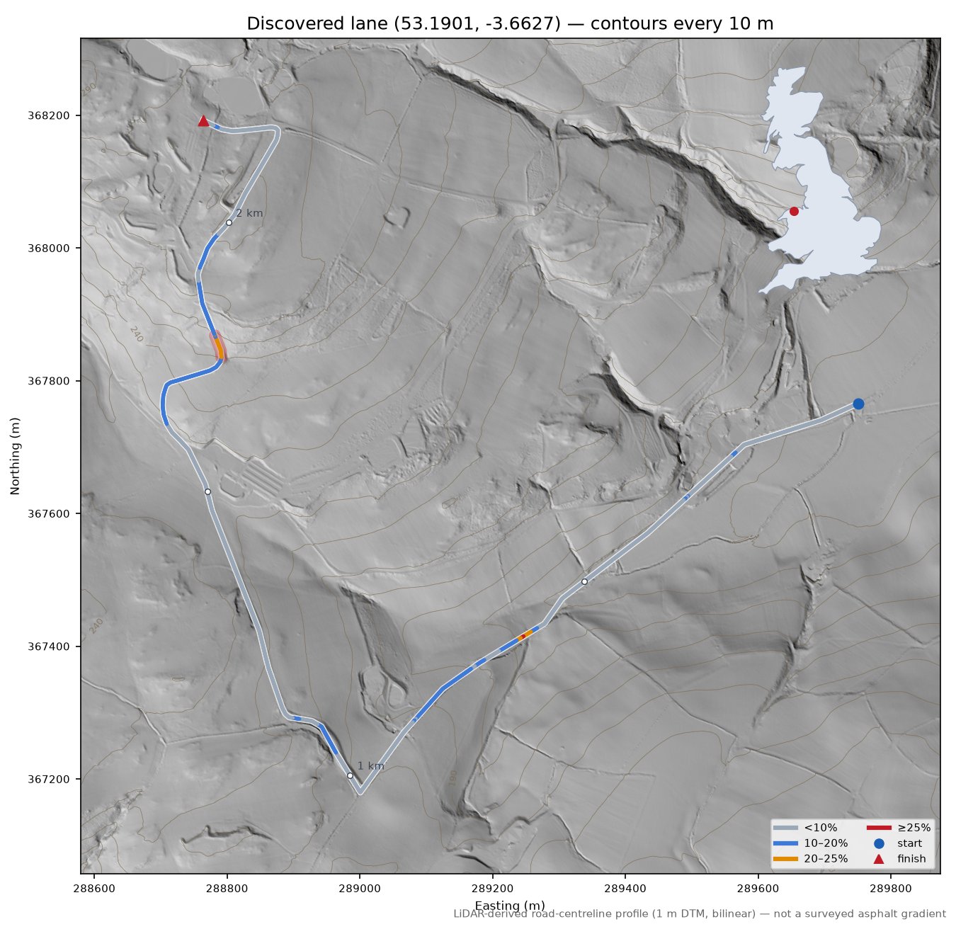 Discovered lane (53.1901, -3.6627) LiDAR hillshade map with contours