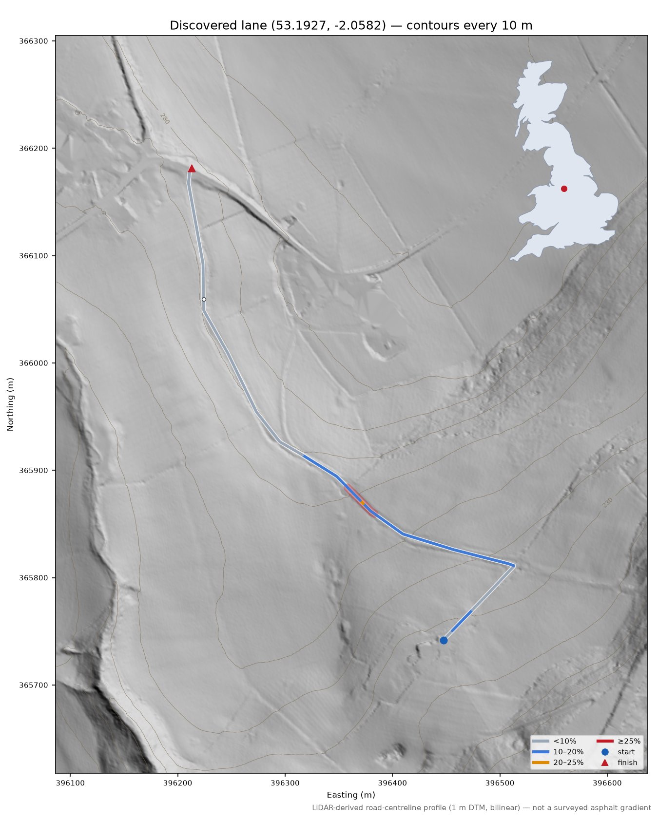 Discovered lane (53.1927, -2.0582) LiDAR hillshade map with contours