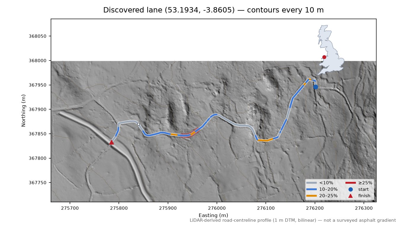 Discovered lane (53.1934, -3.8605) LiDAR hillshade map with contours
