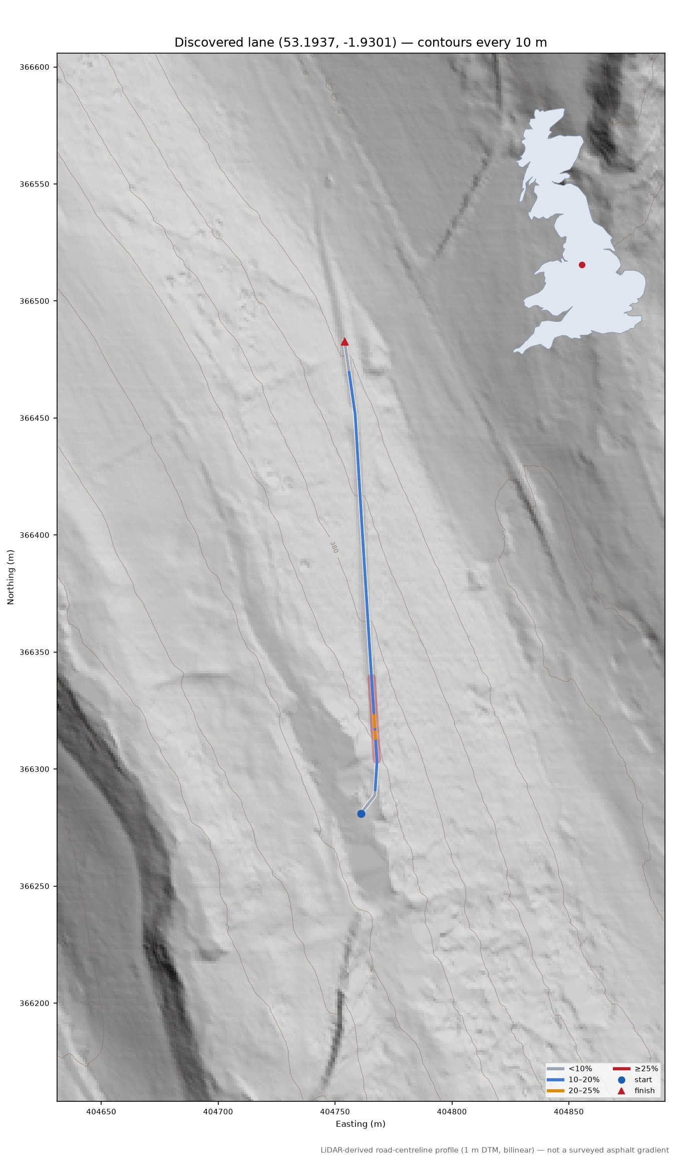 Discovered lane (53.1937, -1.9301) LiDAR hillshade map with contours