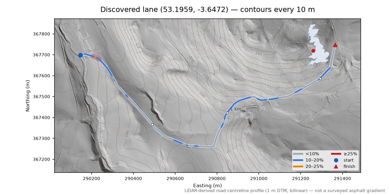Discovered lane (53.1959, -3.6472) LiDAR hillshade map with contours