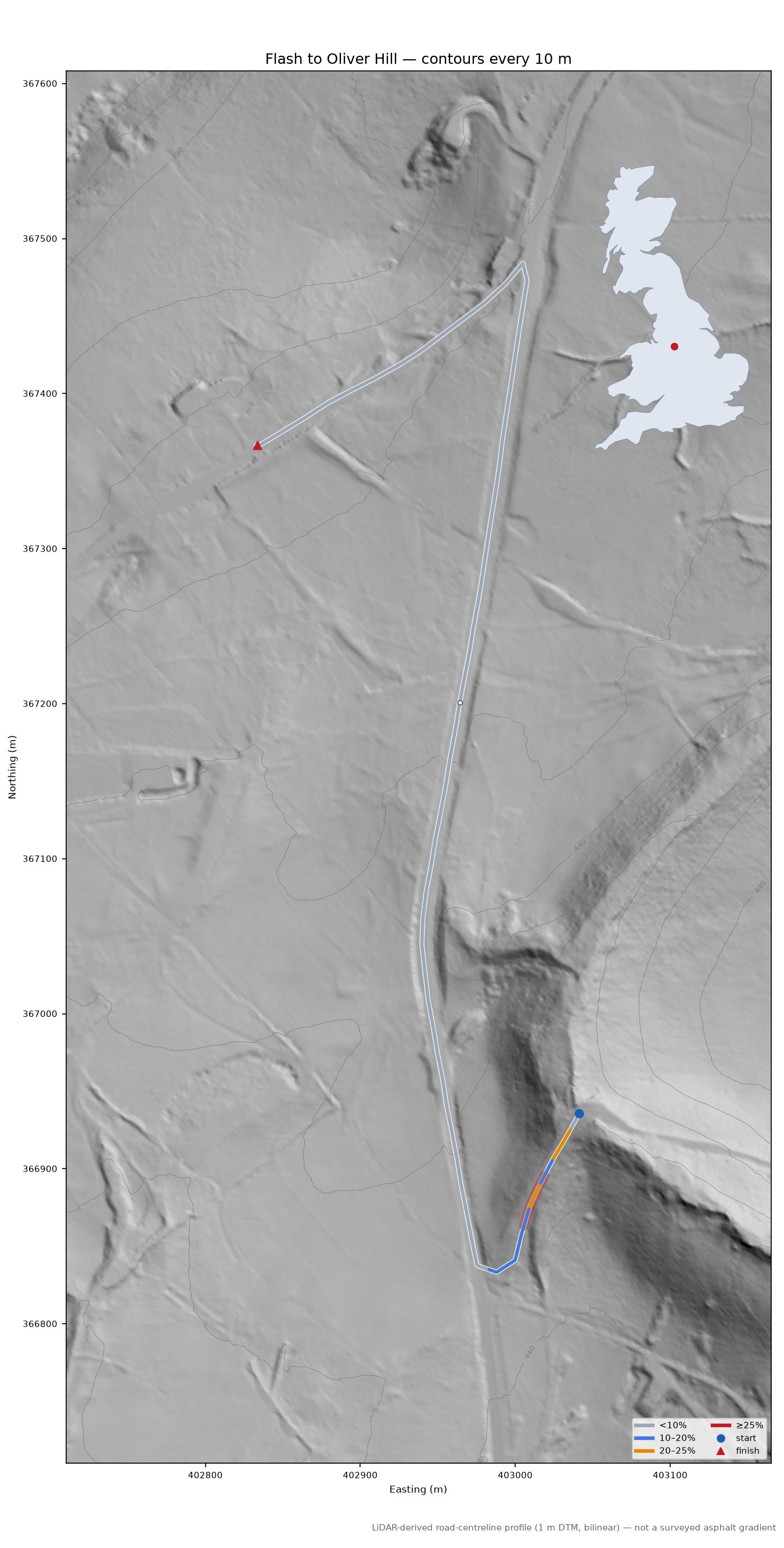Flash to Oliver Hill LiDAR hillshade map with contours