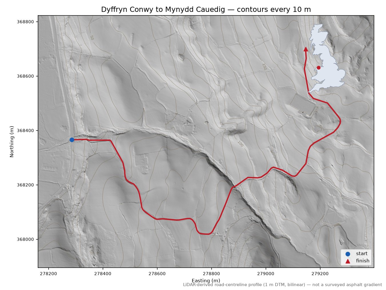Dyffryn Conwy to Mynydd Cauedig LiDAR hillshade map with contours