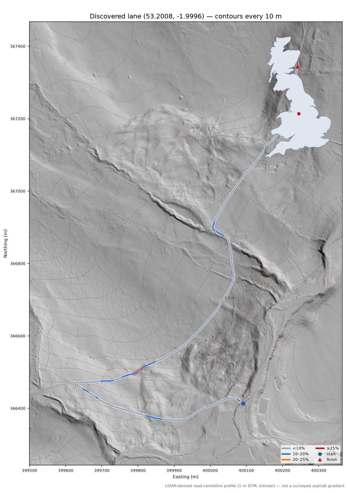 Discovered lane (53.2008, -1.9996) LiDAR hillshade map with contours