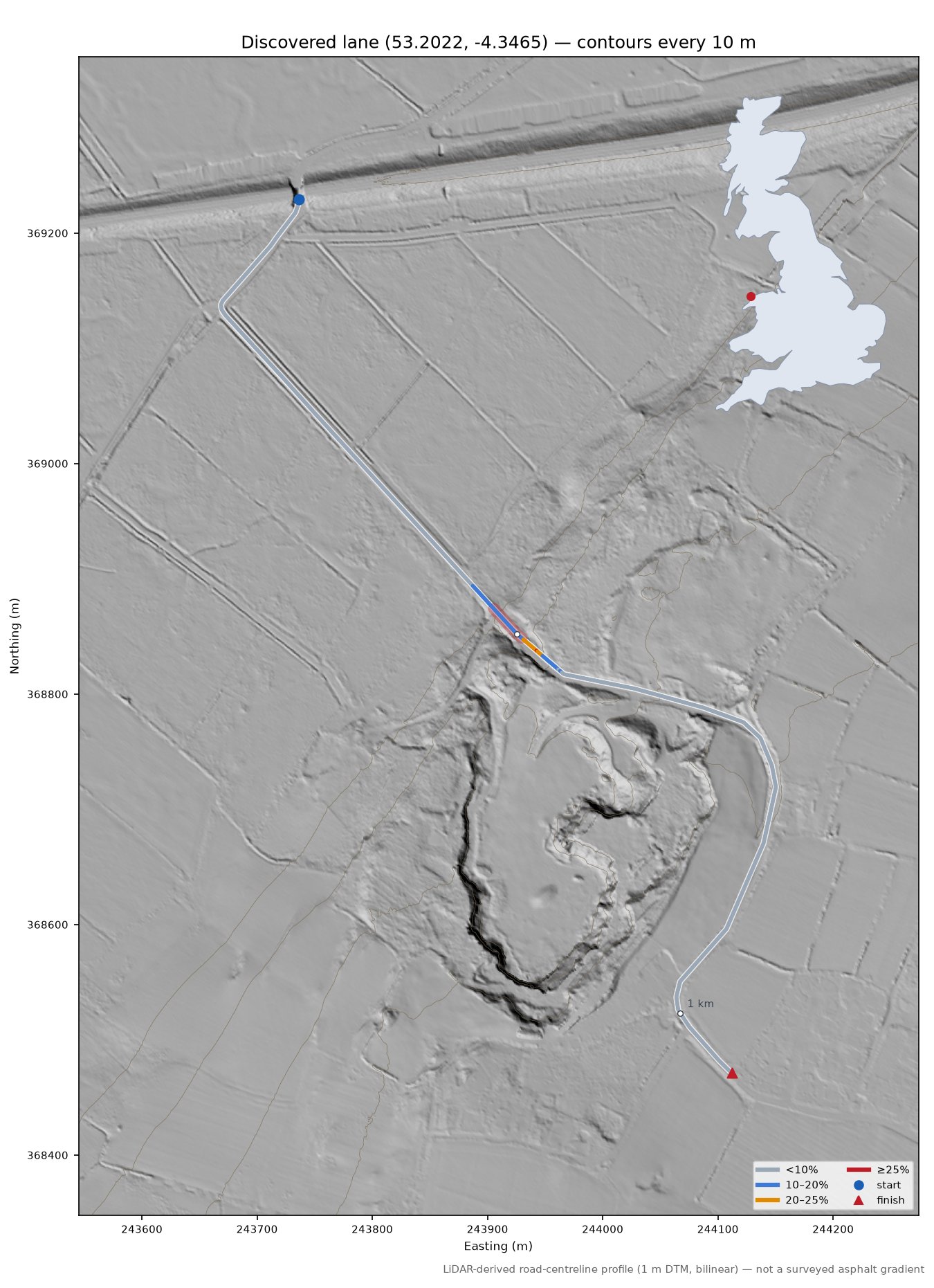 Discovered lane (53.2022, -4.3465) LiDAR hillshade map with contours