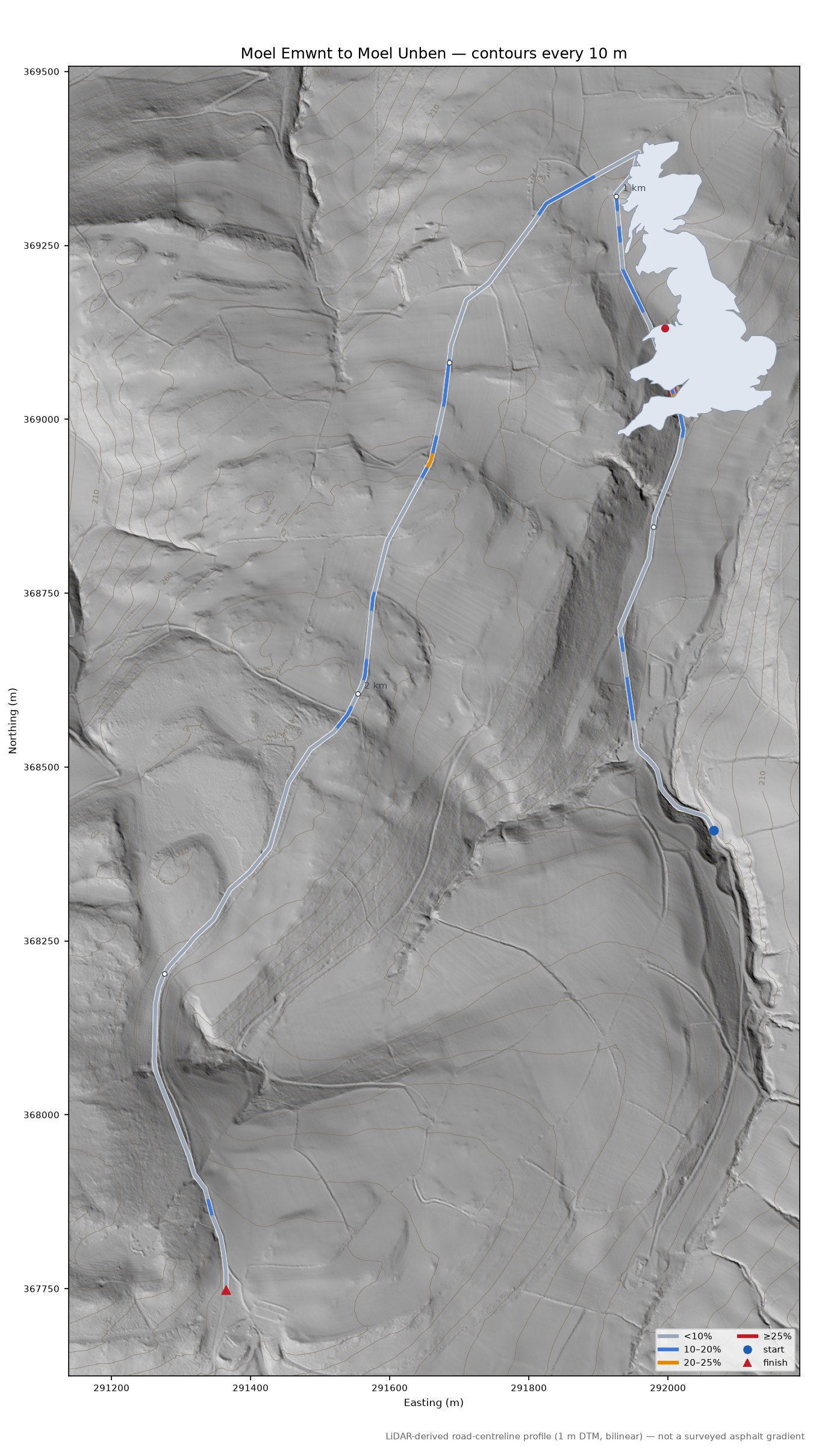 Moel Emwnt to Moel Unben LiDAR hillshade map with contours