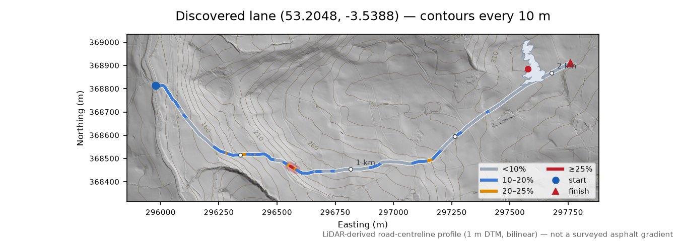 Discovered lane (53.2048, -3.5388) LiDAR hillshade map with contours