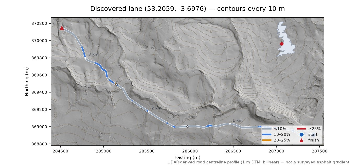 Discovered lane (53.2059, -3.6976) LiDAR hillshade map with contours