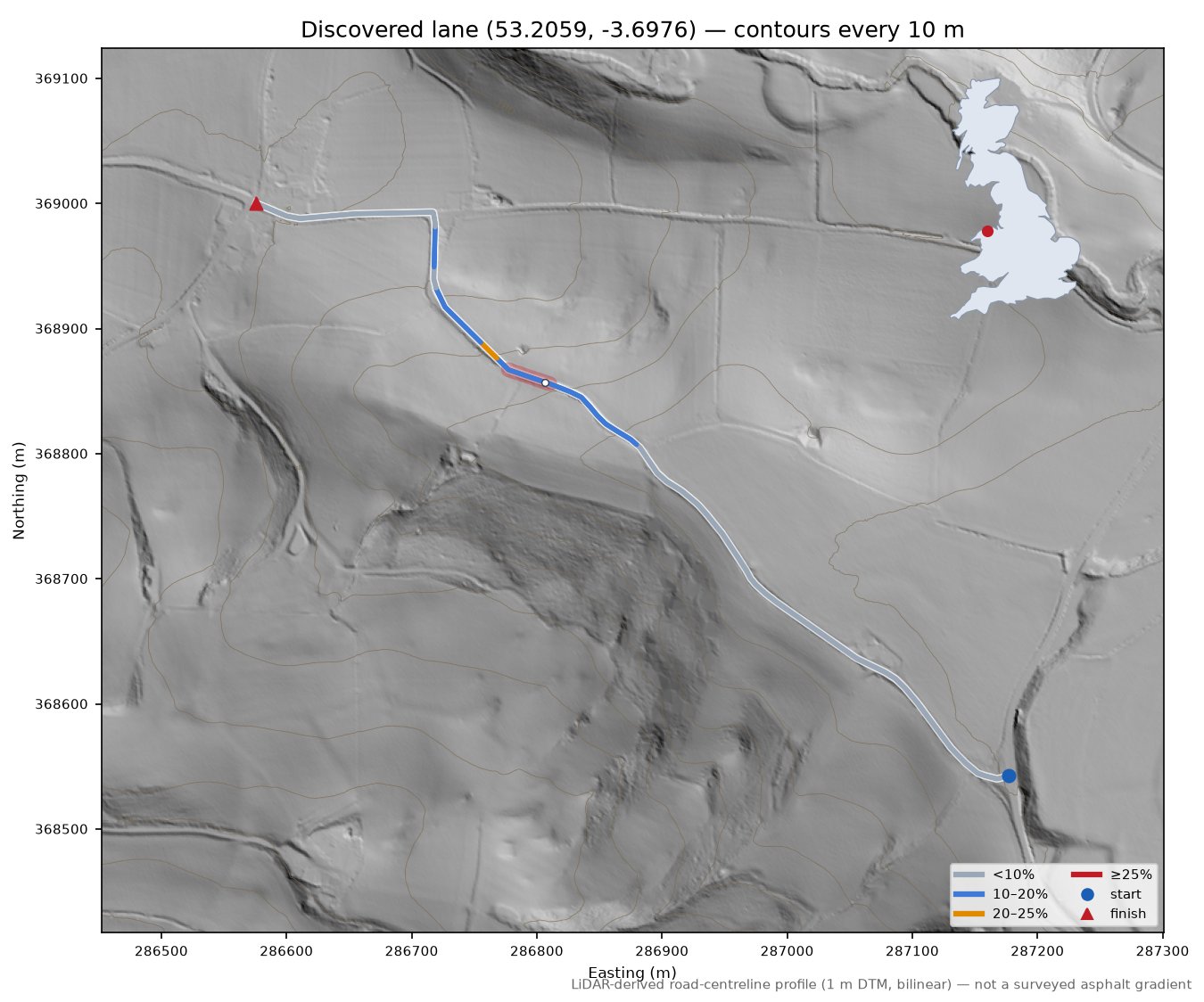 Discovered lane (53.2059, -3.6976) LiDAR hillshade map with contours