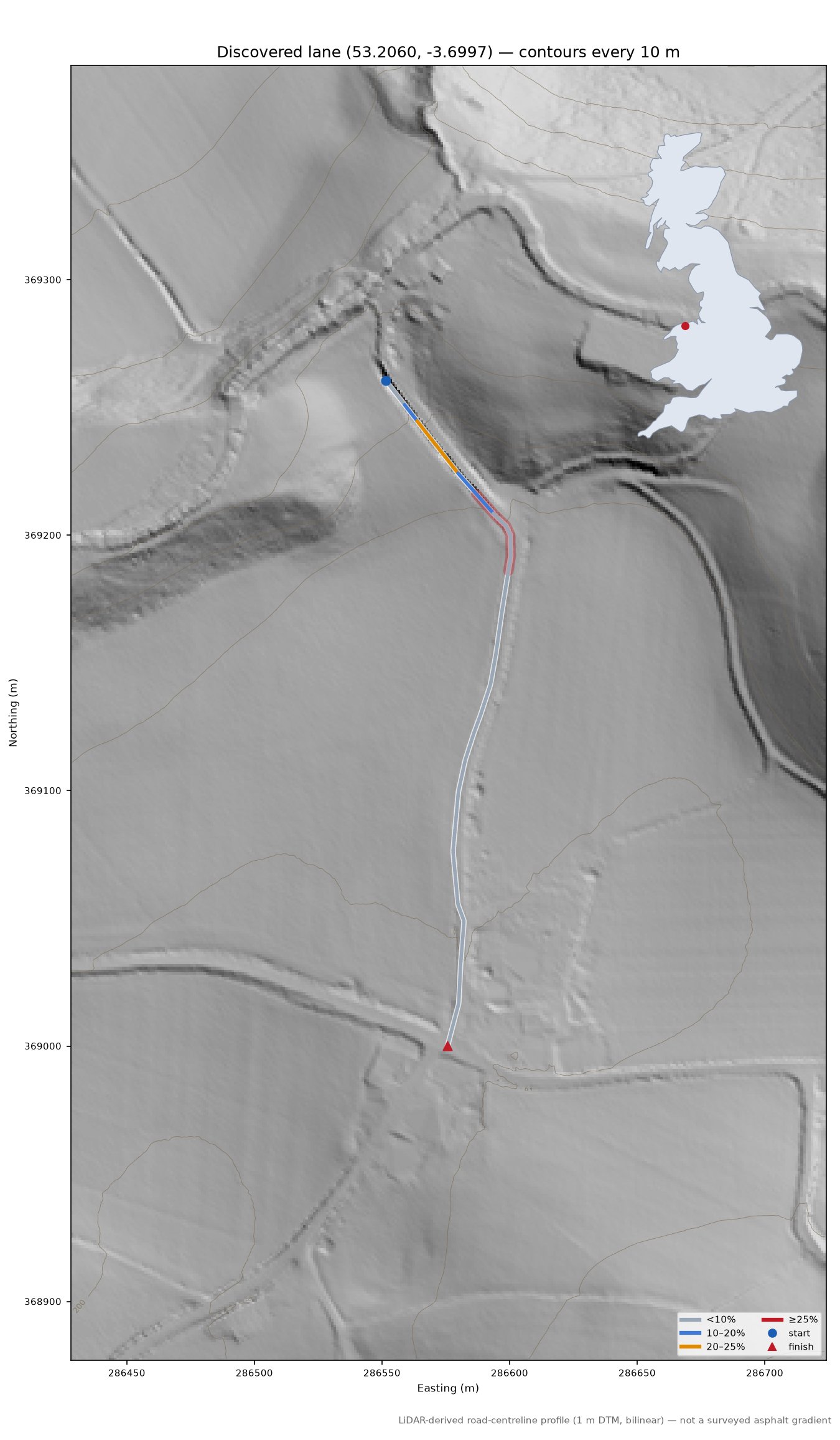 Discovered lane (53.2060, -3.6997) LiDAR hillshade map with contours