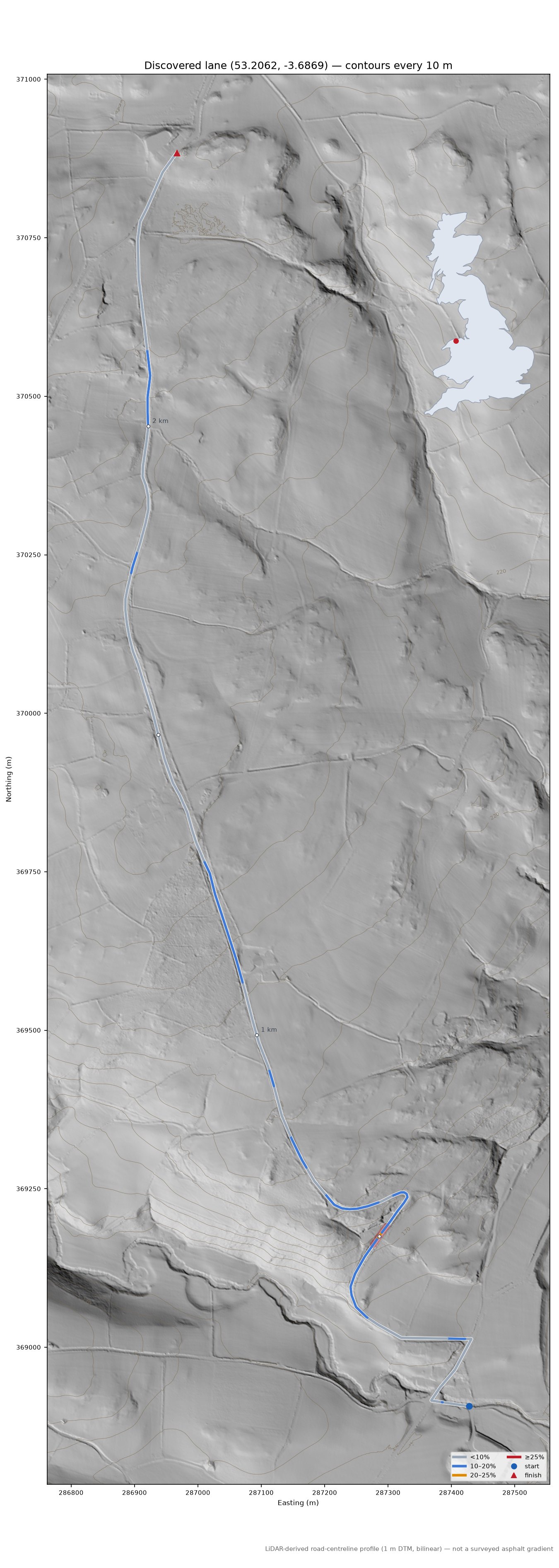 Discovered lane (53.2062, -3.6869) LiDAR hillshade map with contours