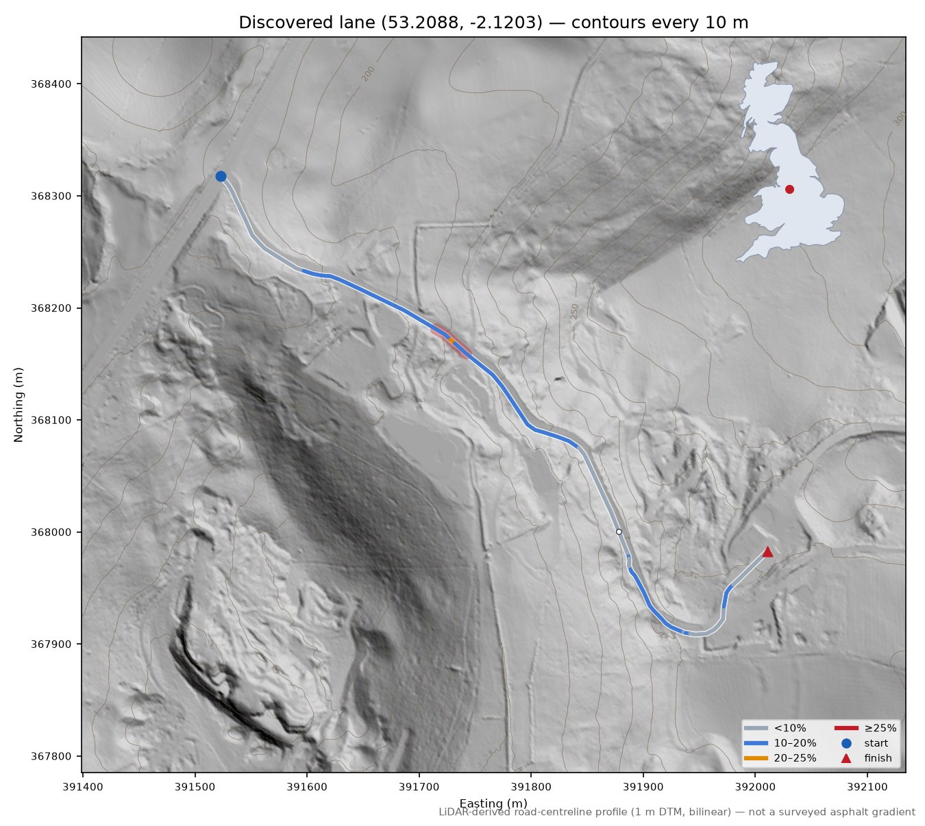 Discovered lane (53.2088, -2.1203) LiDAR hillshade map with contours