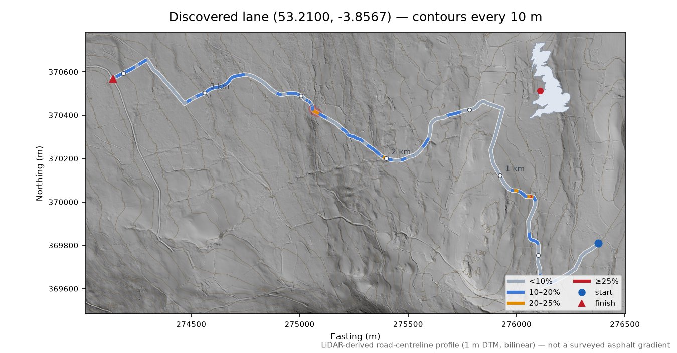 Discovered lane (53.2100, -3.8567) LiDAR hillshade map with contours