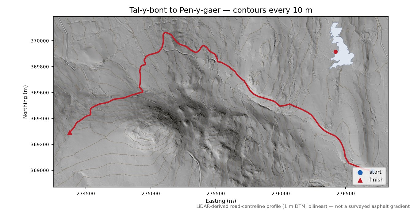 Tal-y-bont to Pen-y-gaer LiDAR hillshade map with contours