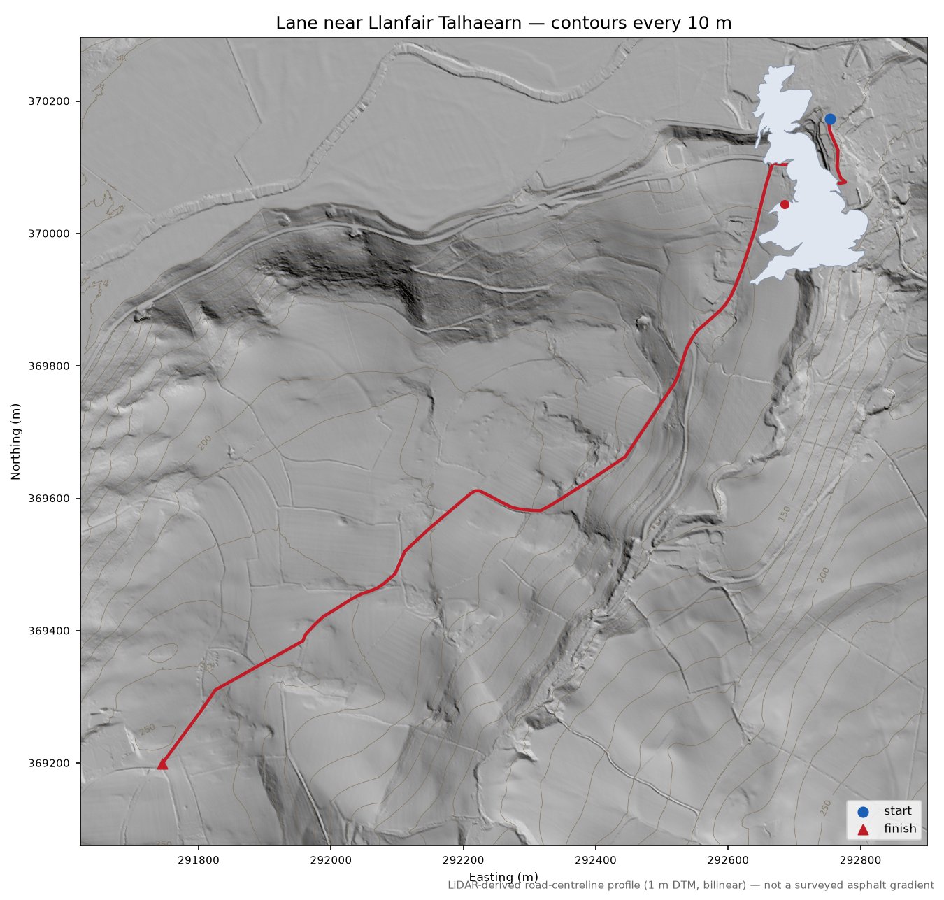 Lane near Llanfair Talhaearn LiDAR hillshade map with contours