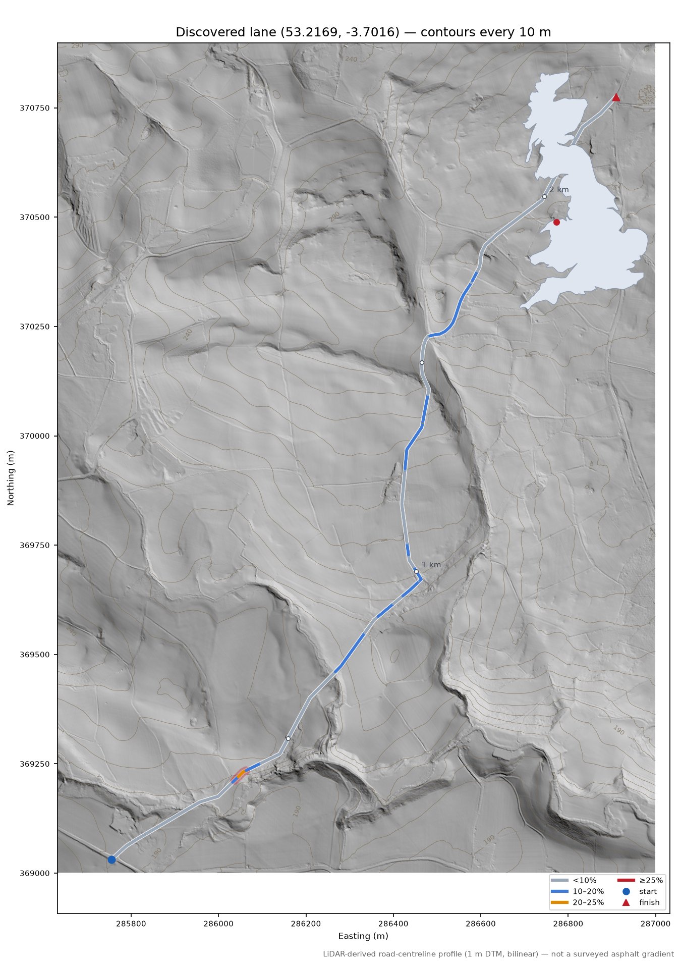 Discovered lane (53.2169, -3.7016) LiDAR hillshade map with contours