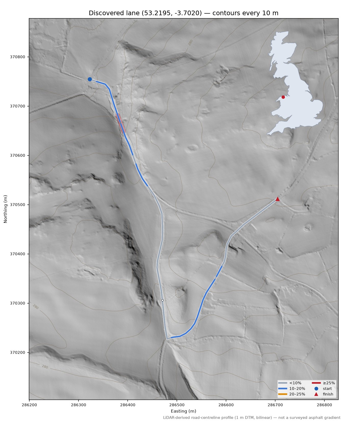 Discovered lane (53.2195, -3.7020) LiDAR hillshade map with contours