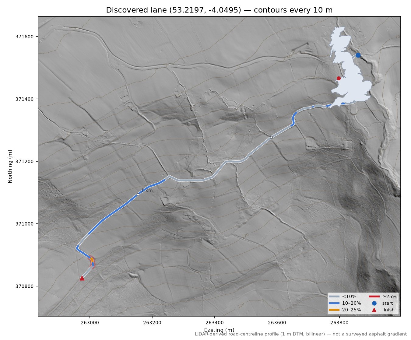 Discovered lane (53.2197, -4.0495) LiDAR hillshade map with contours