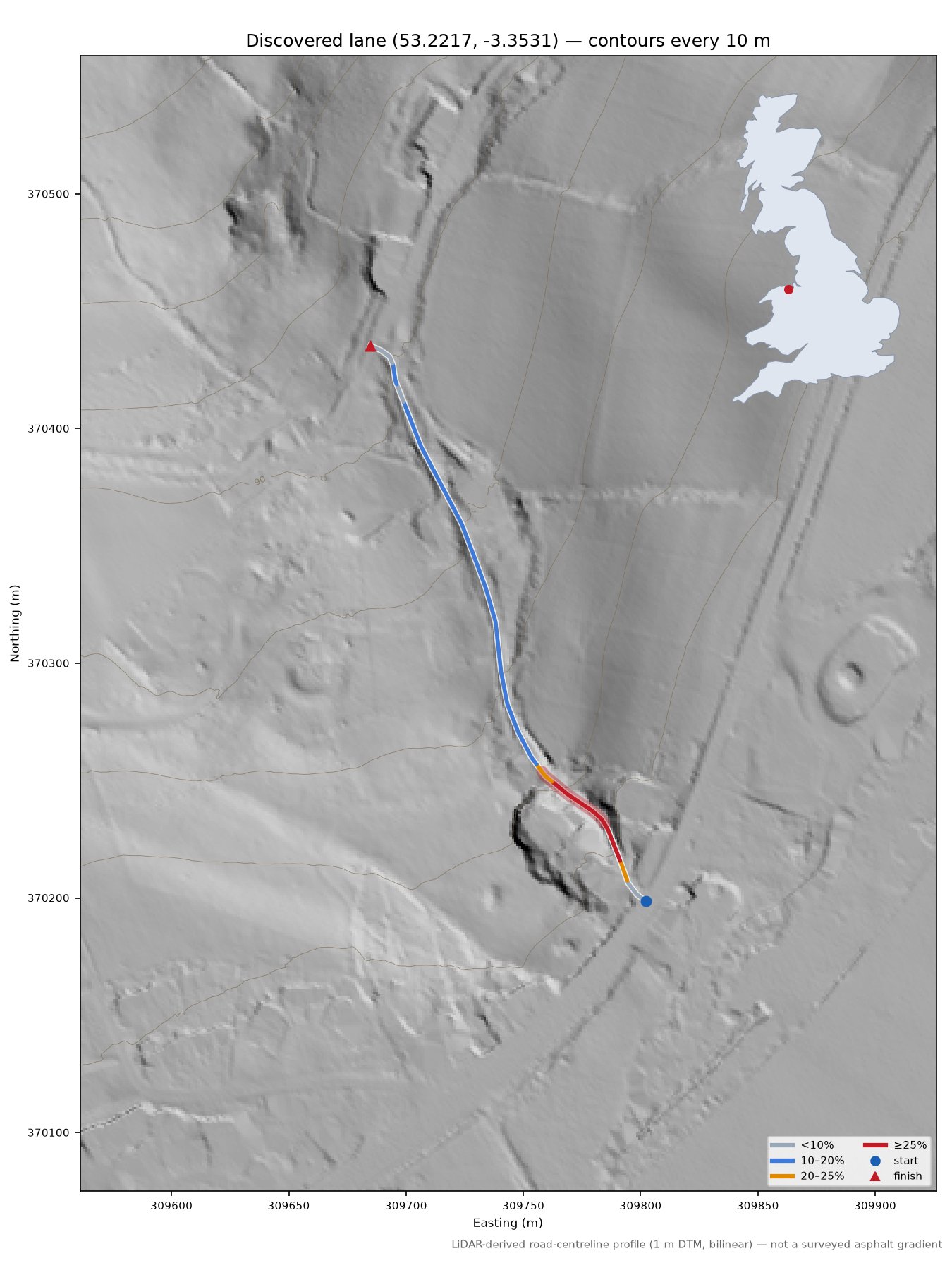 Discovered lane (53.2217, -3.3531) LiDAR hillshade map with contours
