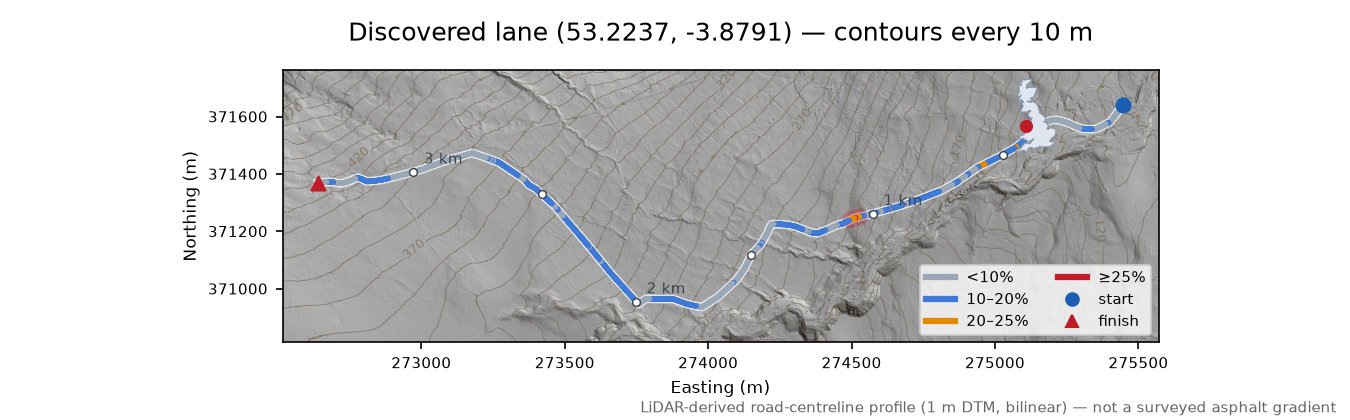 Discovered lane (53.2237, -3.8791) LiDAR hillshade map with contours