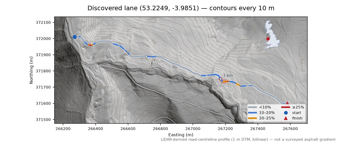 Discovered lane (53.2249, -3.9851) LiDAR hillshade map with contours