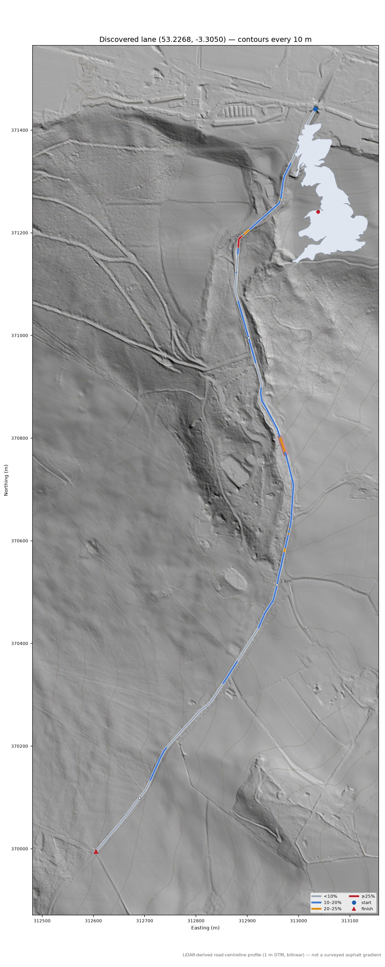 Discovered lane (53.2268, -3.3050) LiDAR hillshade map with contours