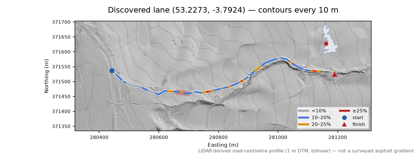 Discovered lane (53.2273, -3.7924) LiDAR hillshade map with contours