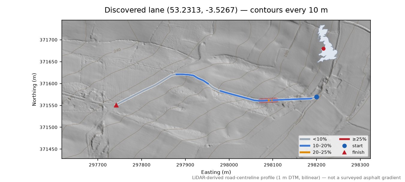 Discovered lane (53.2313, -3.5267) LiDAR hillshade map with contours