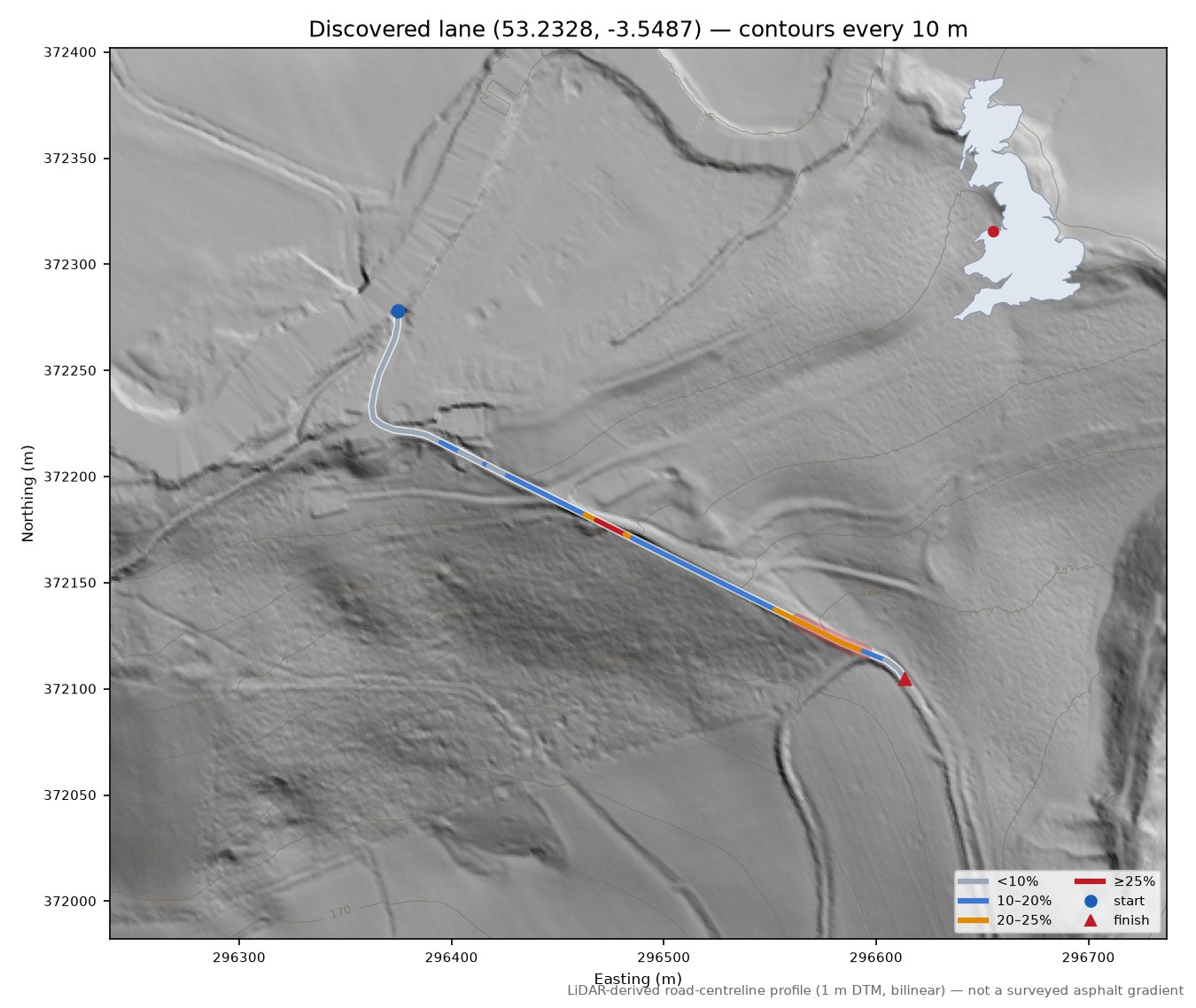Discovered lane (53.2328, -3.5487) LiDAR hillshade map with contours