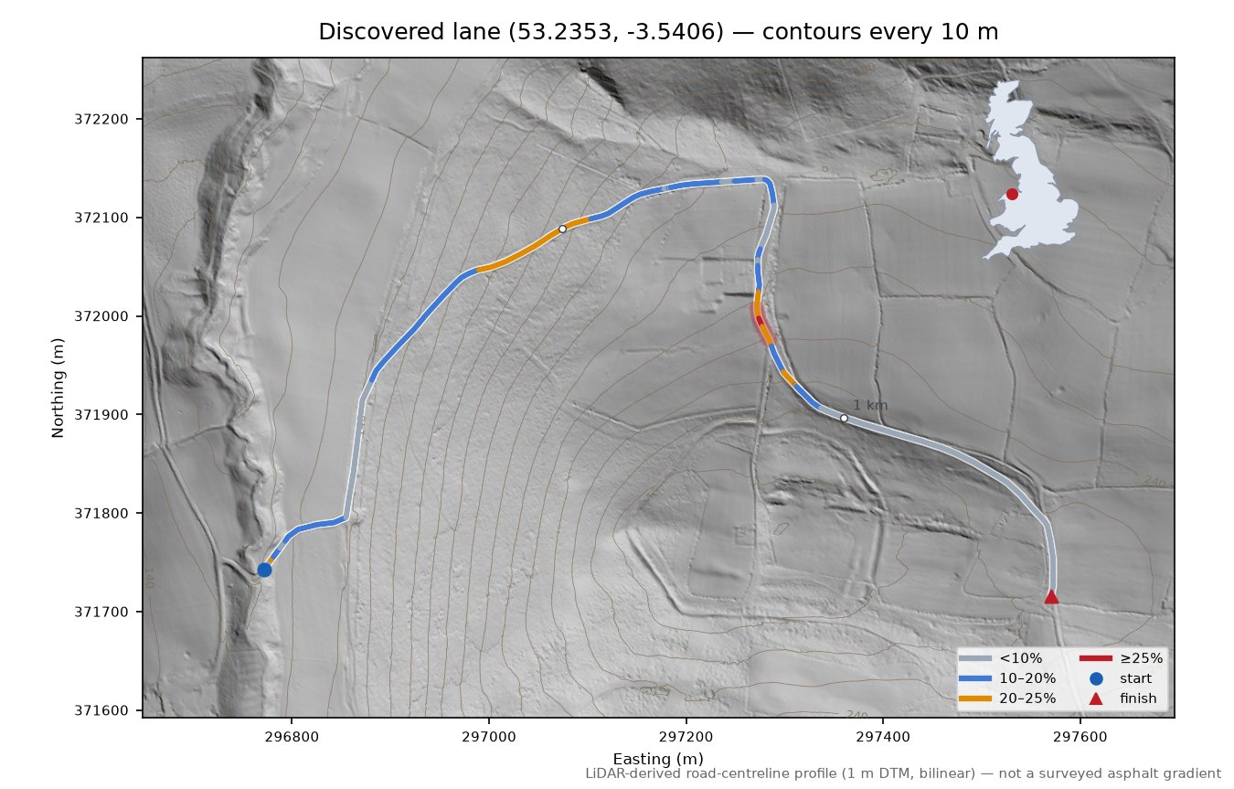 Discovered lane (53.2353, -3.5406) LiDAR hillshade map with contours