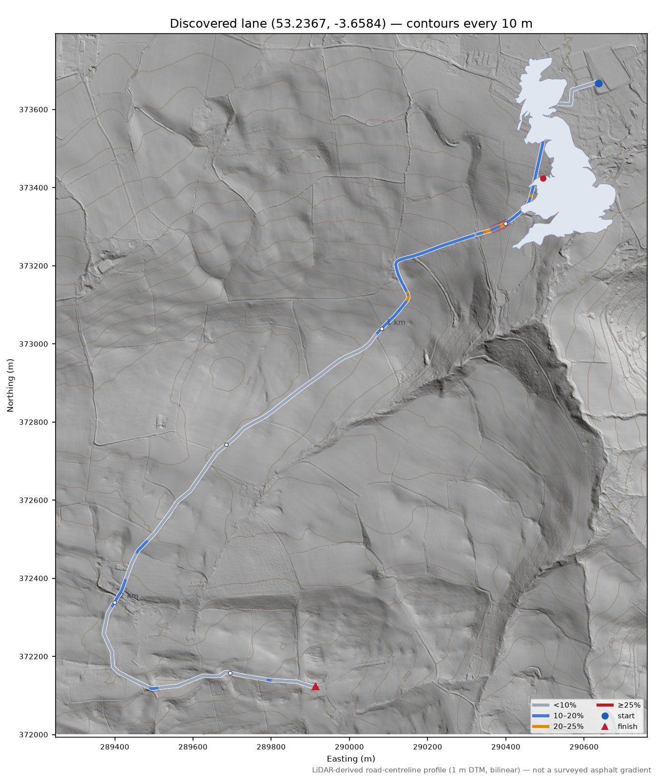 Discovered lane (53.2367, -3.6584) LiDAR hillshade map with contours