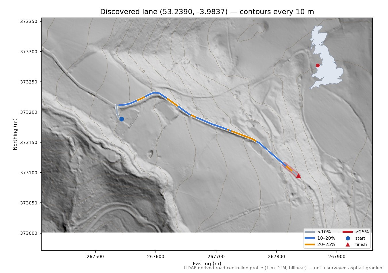 Discovered lane (53.2390, -3.9837) LiDAR hillshade map with contours