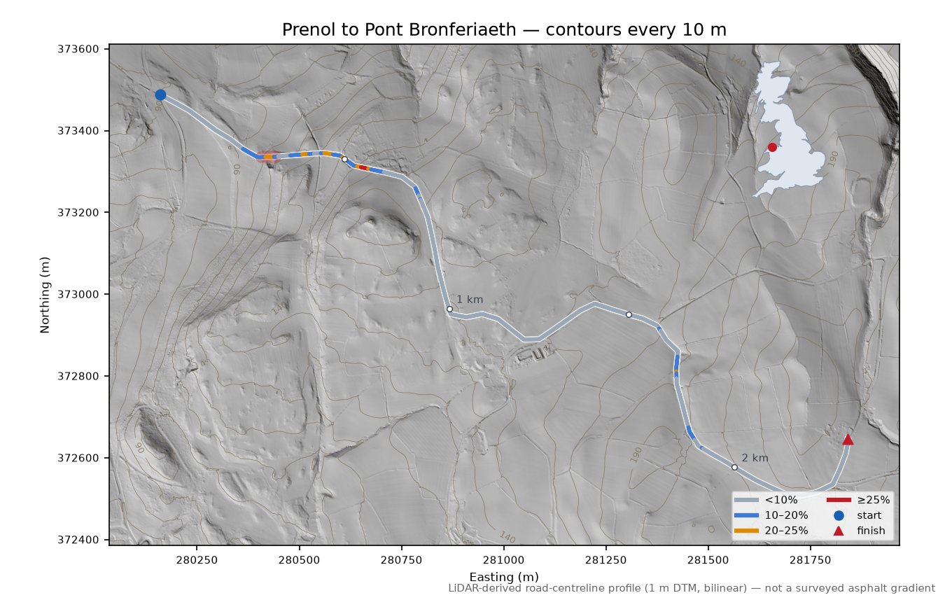 Prenol to Pont Bronferiaeth LiDAR hillshade map with contours