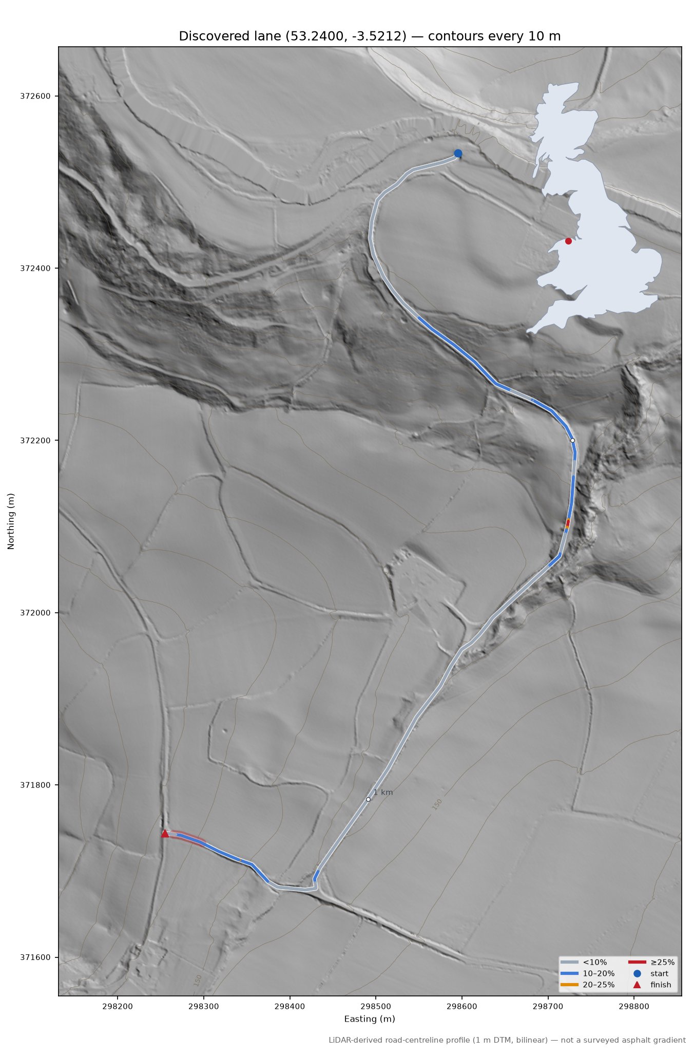 Discovered lane (53.2400, -3.5212) LiDAR hillshade map with contours