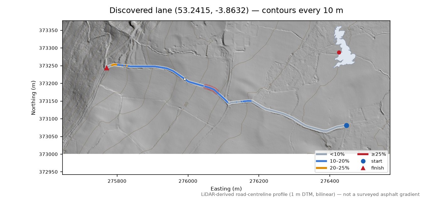 Discovered lane (53.2415, -3.8632) LiDAR hillshade map with contours