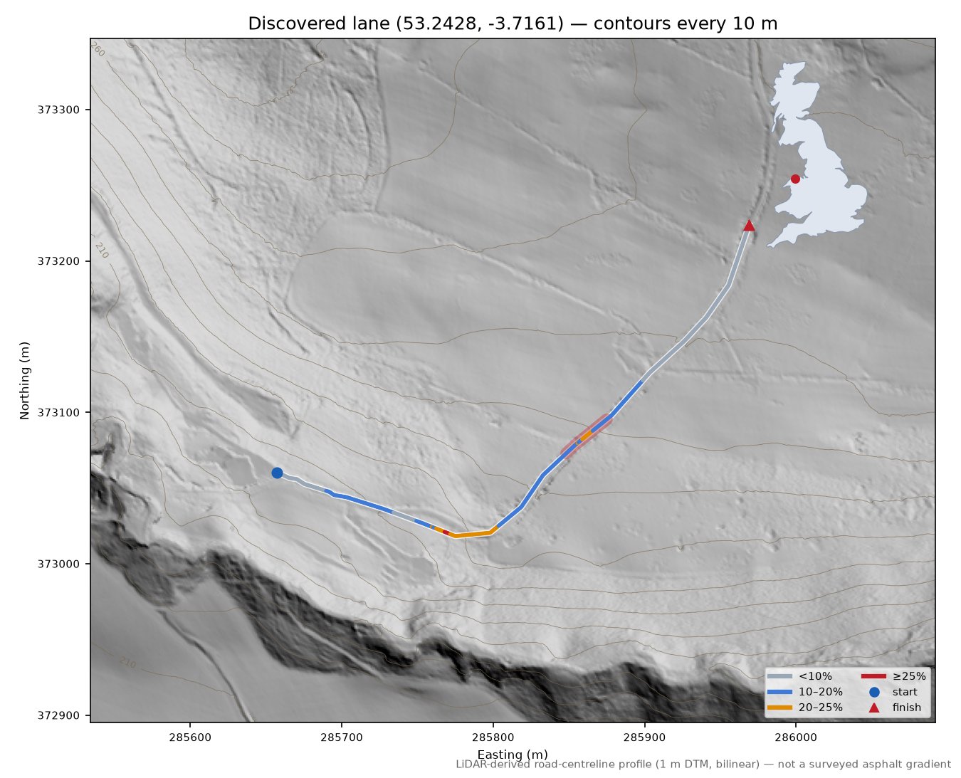 Discovered lane (53.2428, -3.7161) LiDAR hillshade map with contours