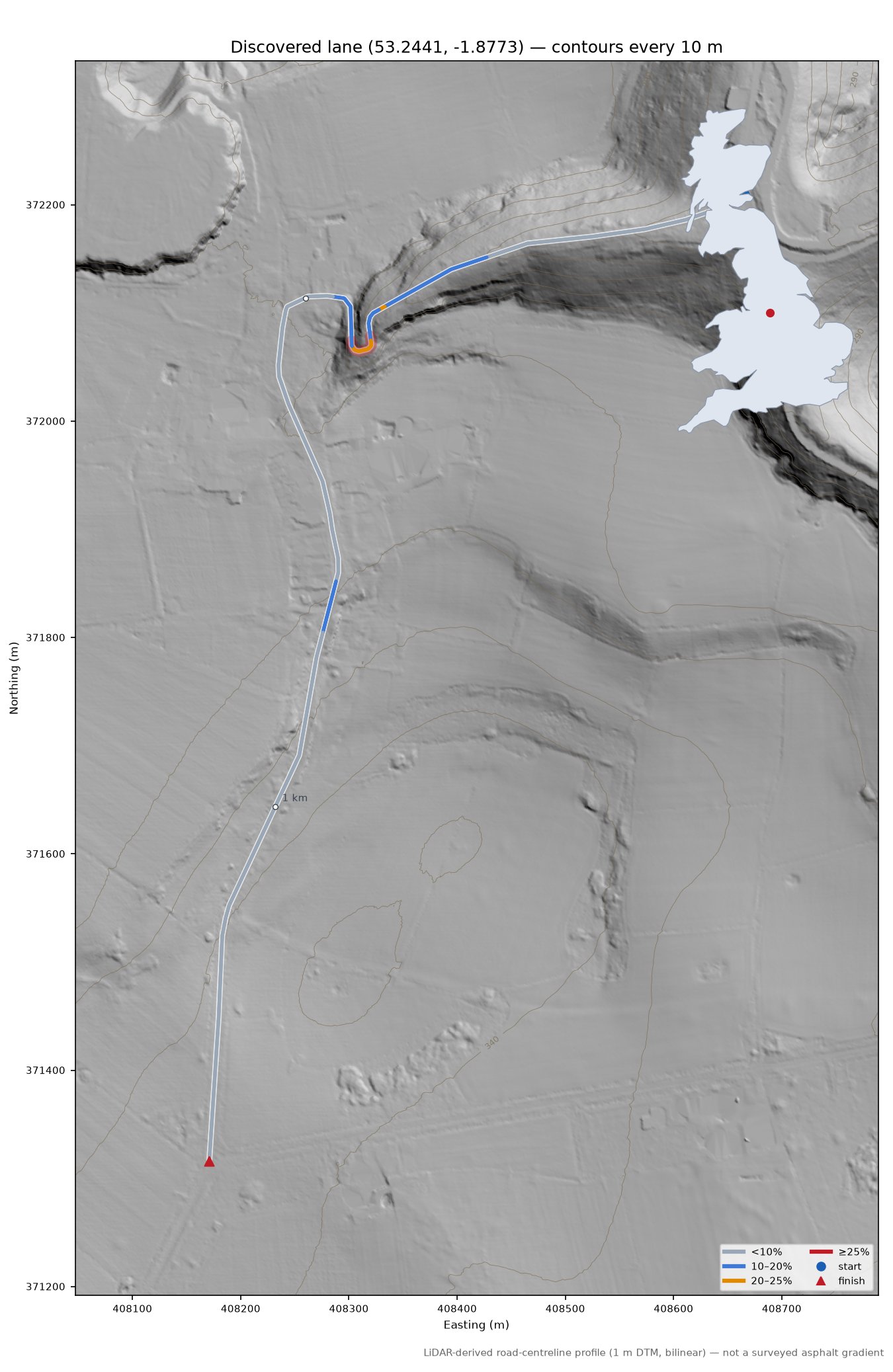 Discovered lane (53.2441, -1.8773) LiDAR hillshade map with contours