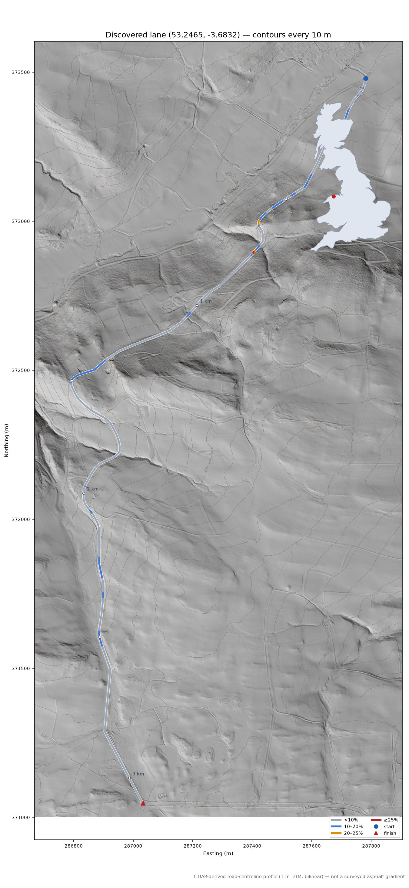 Discovered lane (53.2465, -3.6832) LiDAR hillshade map with contours