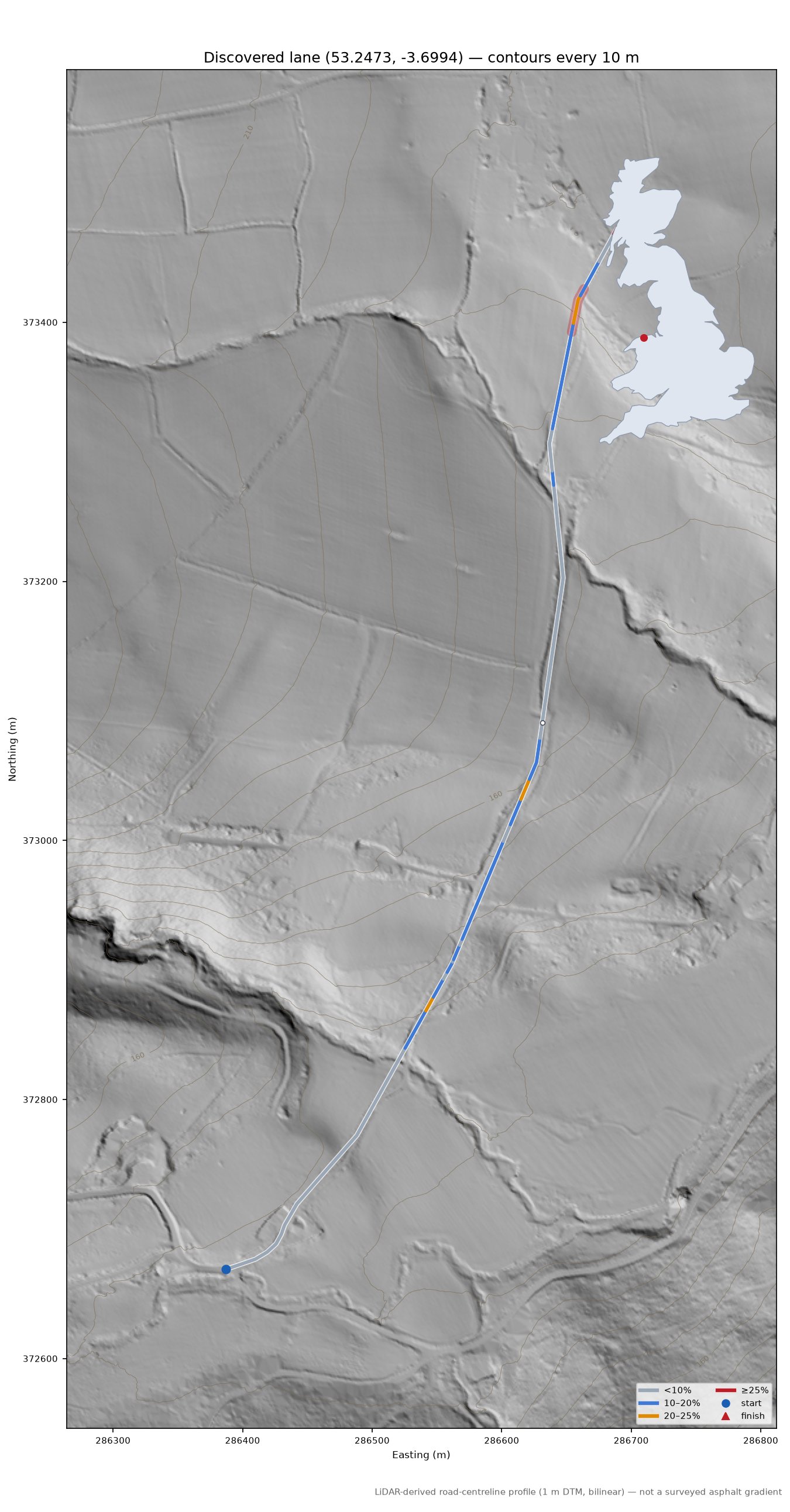 Discovered lane (53.2473, -3.6994) LiDAR hillshade map with contours