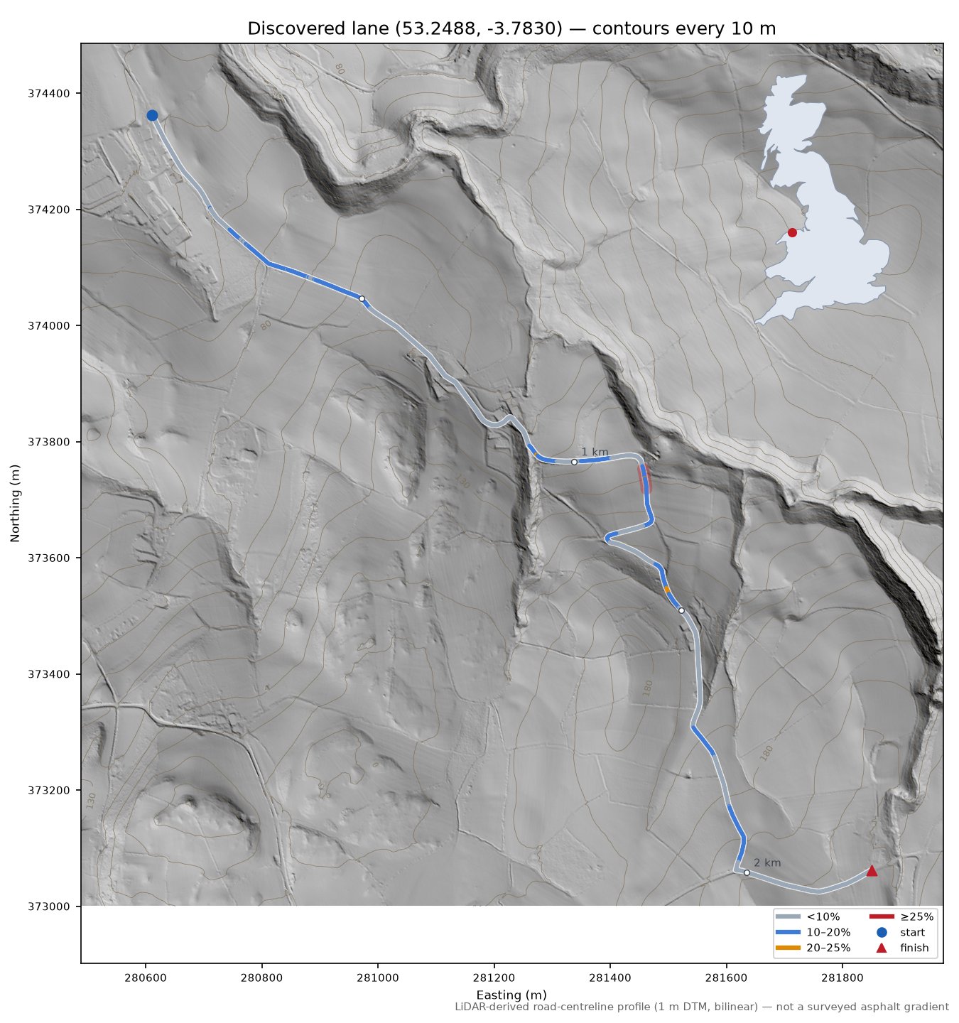 Discovered lane (53.2488, -3.7830) LiDAR hillshade map with contours