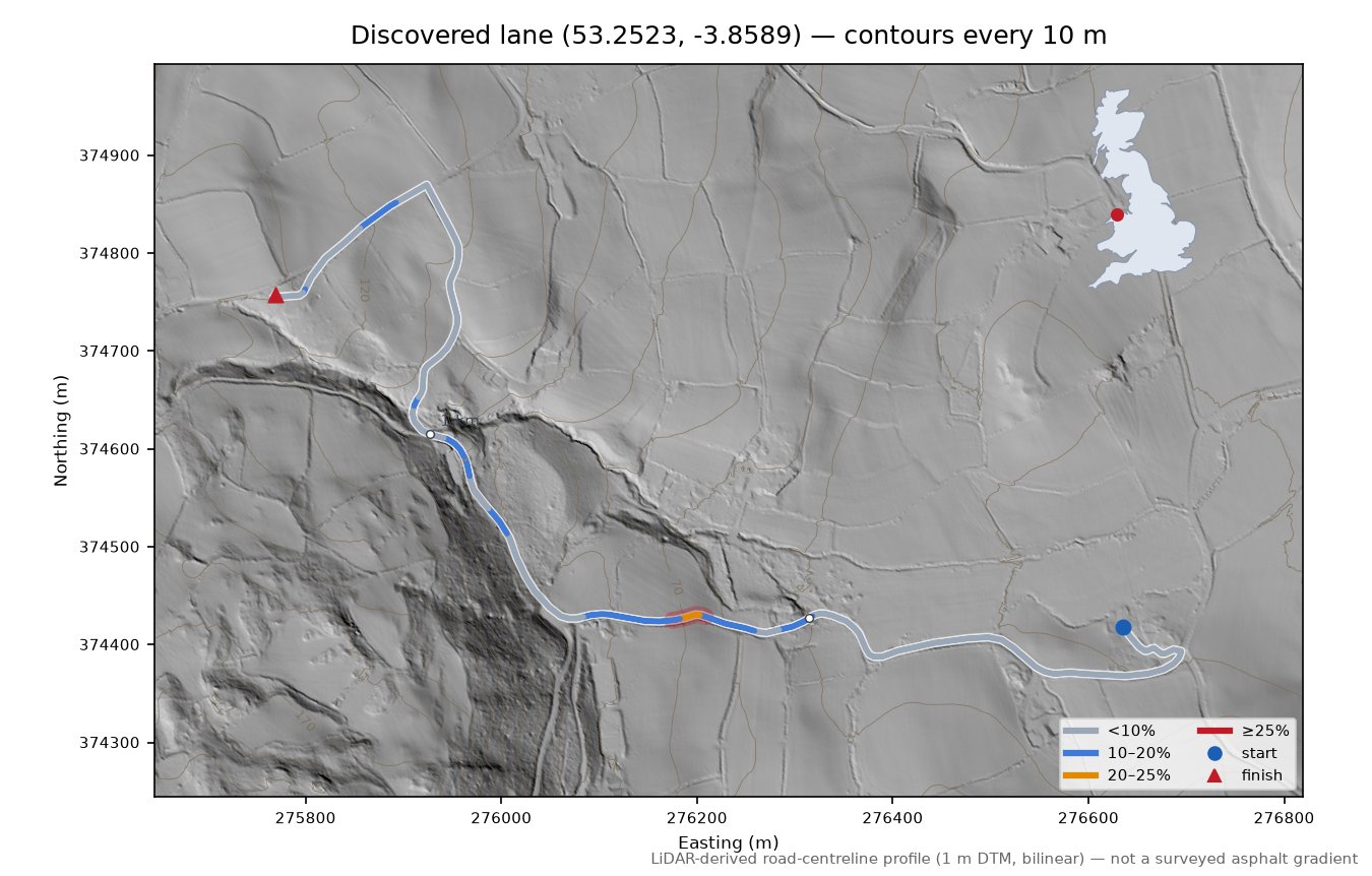 Discovered lane (53.2523, -3.8589) LiDAR hillshade map with contours