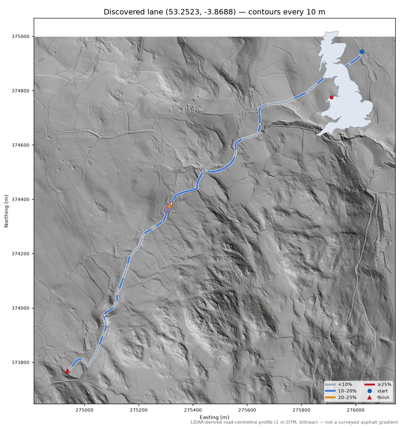 Discovered lane (53.2523, -3.8688) LiDAR hillshade map with contours