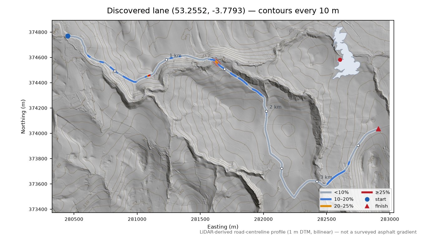 Discovered lane (53.2552, -3.7793) LiDAR hillshade map with contours
