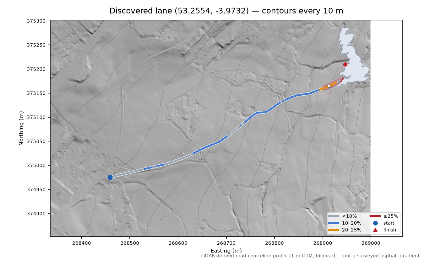 Discovered lane (53.2554, -3.9732) LiDAR hillshade map with contours