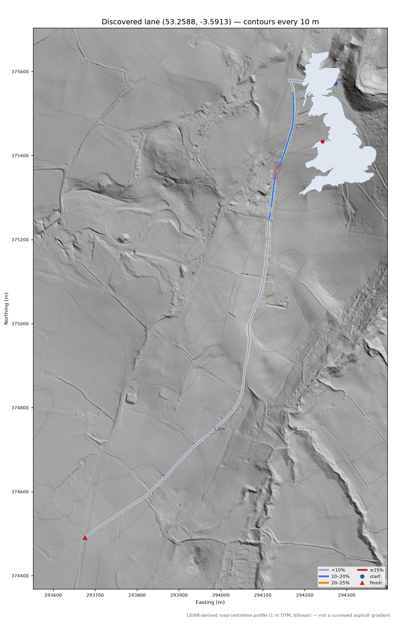 Discovered lane (53.2588, -3.5913) LiDAR hillshade map with contours