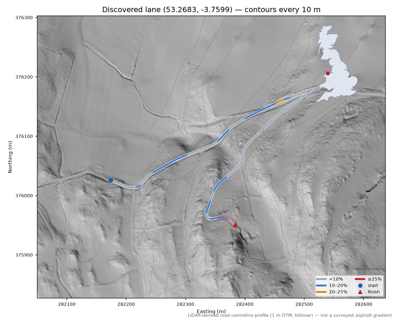 Discovered lane (53.2683, -3.7599) LiDAR hillshade map with contours