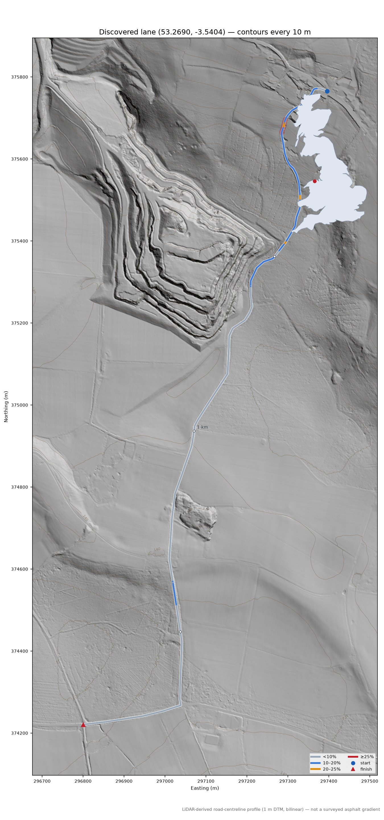 Discovered lane (53.2690, -3.5404) LiDAR hillshade map with contours