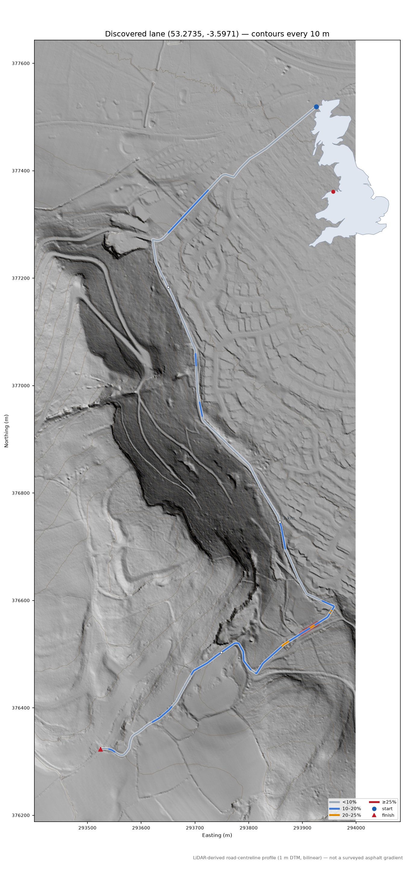 Discovered lane (53.2735, -3.5971) LiDAR hillshade map with contours